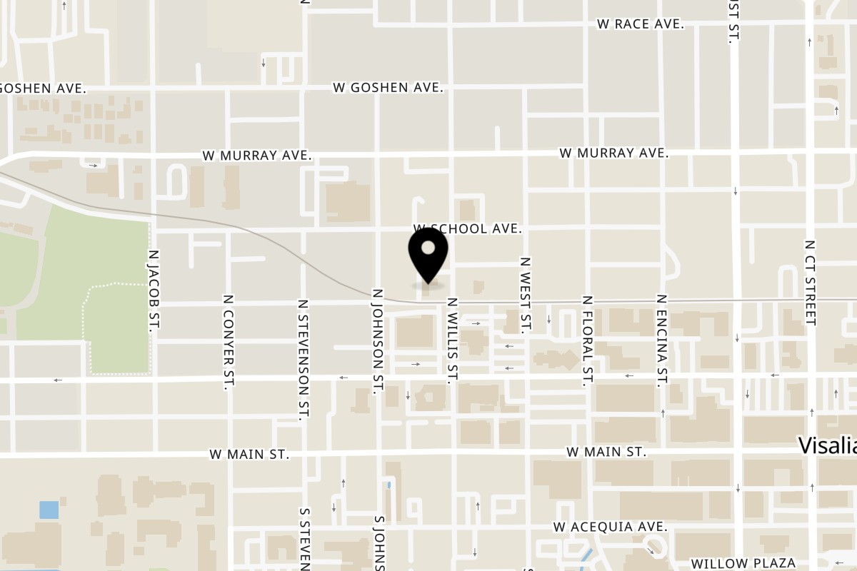 Map showing the location of The Chicken Spot Visalia on 301 N Willis St in Visalia